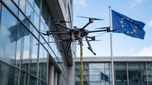 Drone en vol devant le drapeau de l'Union européenne