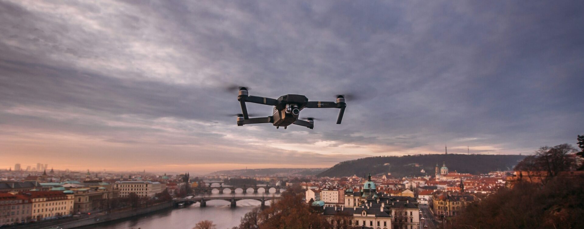 drone flying over a city