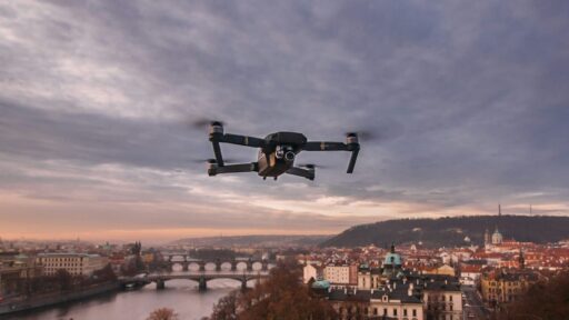 drone flying over a city